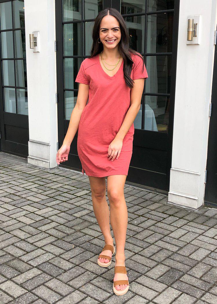 Bobi Short Sleeve V Neck T-shirt Dress-Canyon-Hand In Pocket