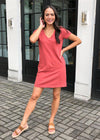 Bobi Short Sleeve V Neck T-shirt Dress-Canyon-Hand In Pocket