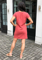 Bobi Short Sleeve V Neck T-shirt Dress-Canyon-Hand In Pocket