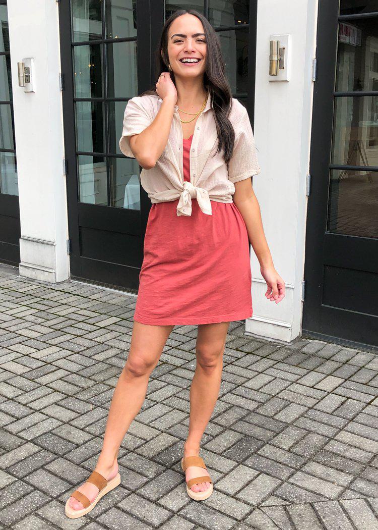 Bobi Short Sleeve V Neck T-shirt Dress-Canyon-Hand In Pocket