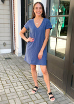 Bobi Short Sleeve V Neck Center Seam T-shirt Dress - Coast-Hand In Pocket