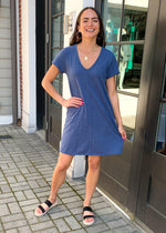 Bobi Short Sleeve V Neck Center Seam T-shirt Dress - Coast-Hand In Pocket