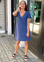 Bobi Short Sleeve V Neck Center Seam T-shirt Dress - Coast-Hand In Pocket
