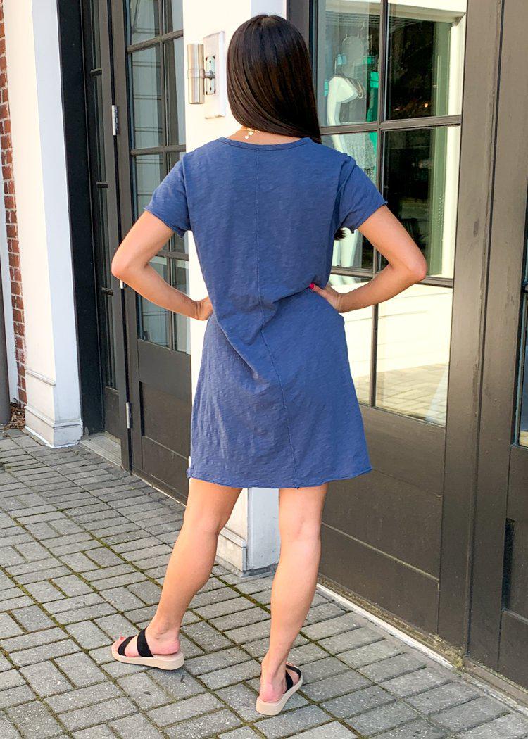 Bobi Short Sleeve V Neck Center Seam T-shirt Dress - Coast-Hand In Pocket