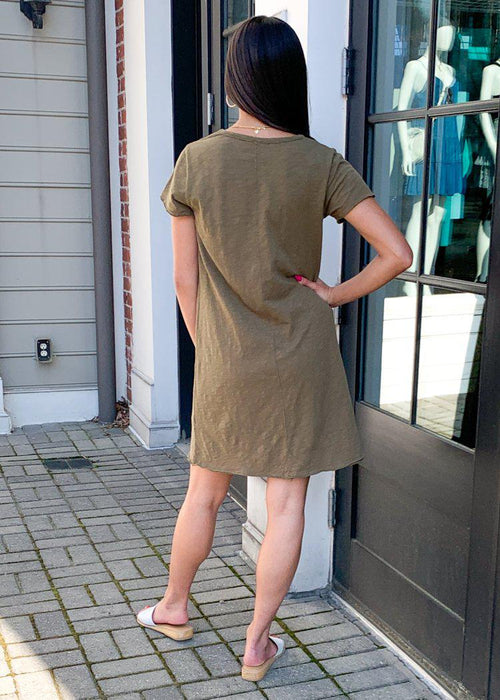 Bobi Short Sleeve V Neck Center Seam T-shirt Dress - Grenade-Hand In Pocket