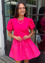 Frances Puff Sleeve Poplin Dress-Fuschia-Hand In Pocket