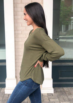 PJ Salvage Peachy in Color Long Sleeve Pullover - Olive-Hand In Pocket