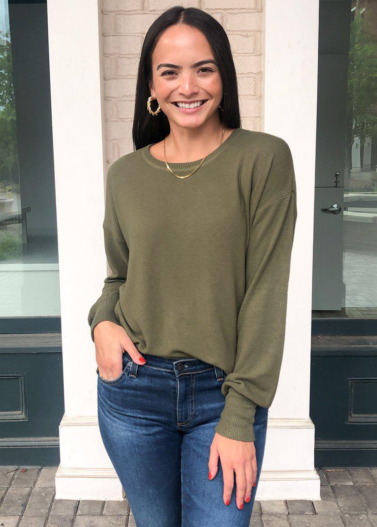 PJ Salvage Peachy in Color Long Sleeve Pullover - Olive-Hand In Pocket
