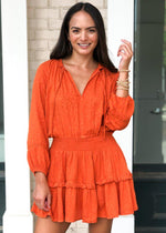 Sunset Safari 3/4 Sleeve Smocked Waist Dress-Hand In Pocket