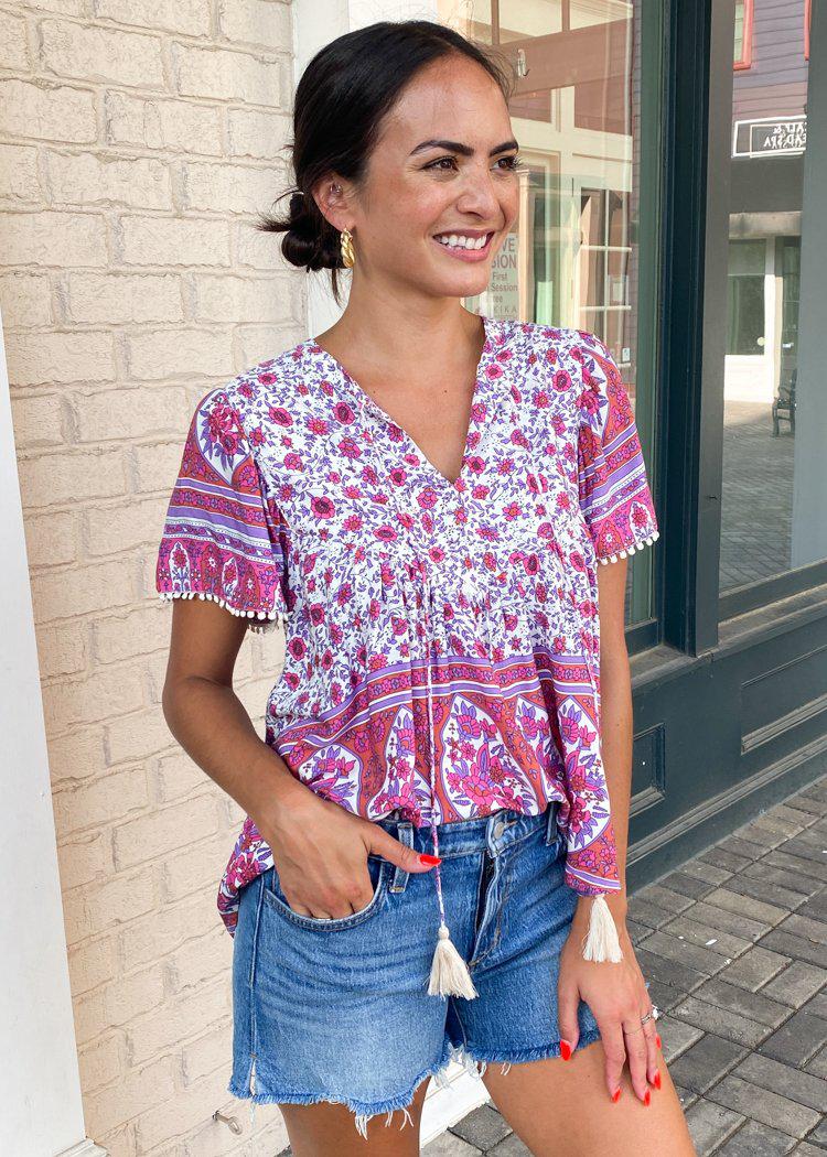 Bixby Short Sleeve Floral Top-Hand In Pocket