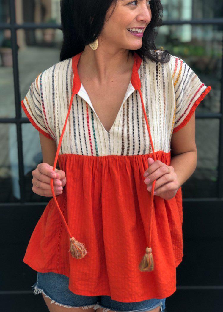 THML Clementine Embroidered Striped Tassel Top-Hand In Pocket