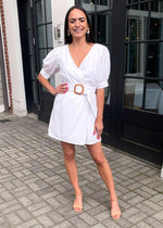 Carillon Puff Sleeve Belted Surplice Mini Dress - White-Hand In Pocket