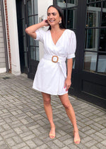 Carillon Puff Sleeve Belted Surplice Mini Dress - White-Hand In Pocket