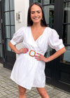 Carillon Puff Sleeve Belted Surplice Mini Dress - White-Hand In Pocket