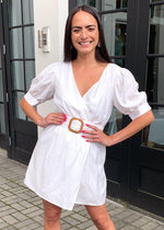 Carillon Puff Sleeve Belted Surplice Mini Dress - White-Hand In Pocket