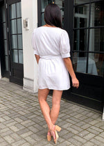 Carillon Puff Sleeve Belted Surplice Mini Dress - White-Hand In Pocket