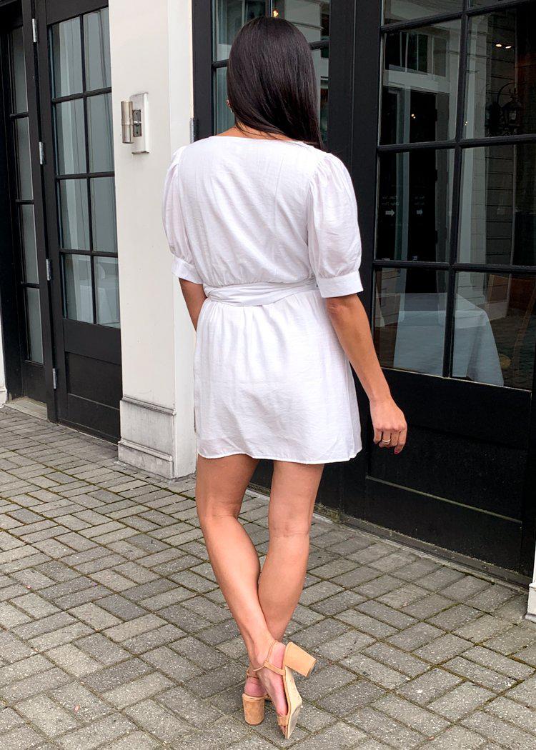 Carillon Puff Sleeve Belted Surplice Mini Dress - White-Hand In Pocket