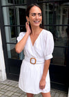 Carillon Puff Sleeve Belted Surplice Mini Dress - White-Hand In Pocket