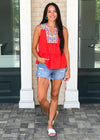 THML Barbados Embroidered Bib Top - Red-***FINAL SALE***-Hand In Pocket