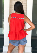 THML Barbados Embroidered Bib Top - Red-***FINAL SALE***-Hand In Pocket
