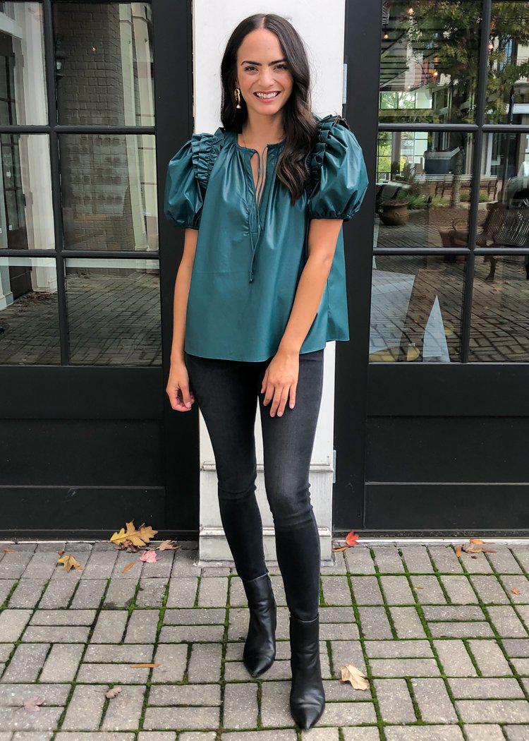Karlie Evergreen Faux Leather Puff Sleeve Top-Hand In Pocket