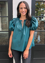 Karlie Evergreen Faux Leather Puff Sleeve Top-Hand In Pocket