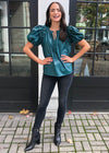 Karlie Evergreen Faux Leather Puff Sleeve Top-Hand In Pocket