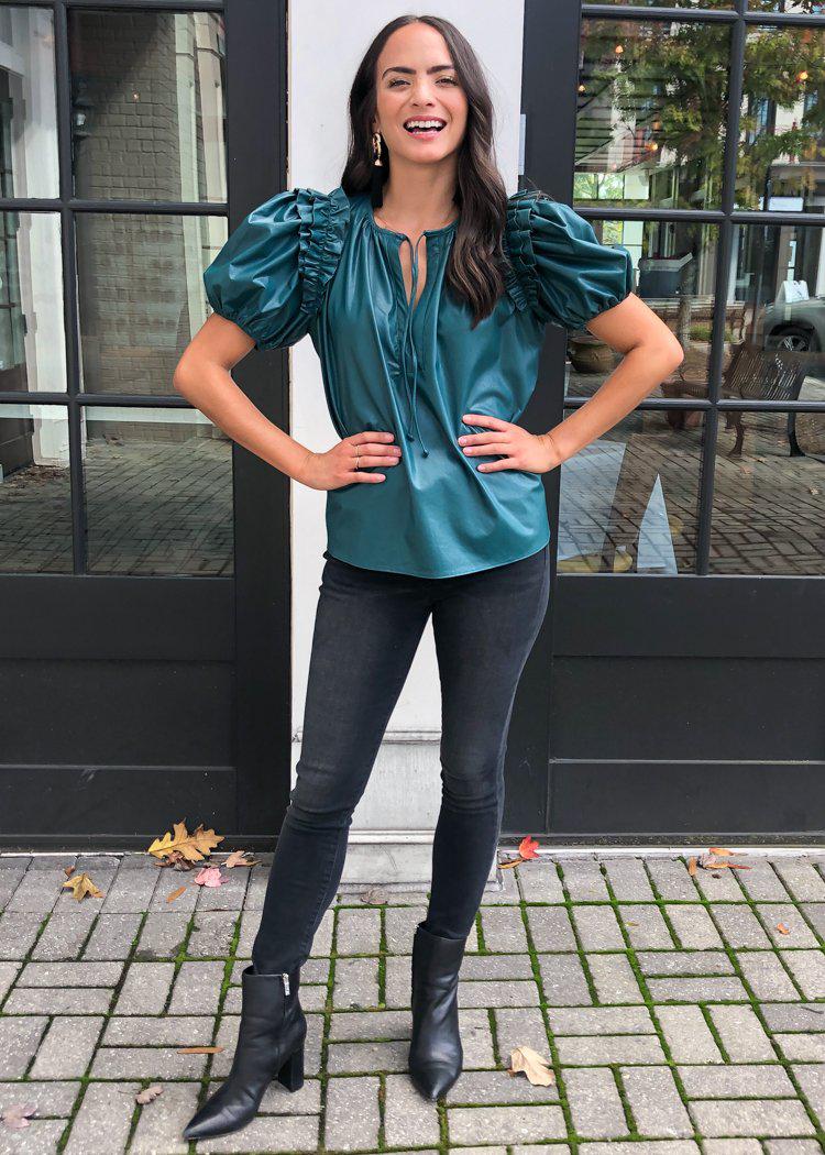Karlie Evergreen Faux Leather Puff Sleeve Top-Hand In Pocket