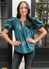 Karlie Evergreen Faux Leather Puff Sleeve Top-Hand In Pocket