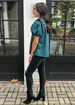 Karlie Evergreen Faux Leather Puff Sleeve Top-Hand In Pocket