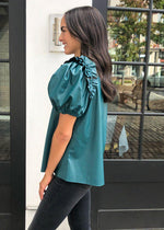 Karlie Evergreen Faux Leather Puff Sleeve Top-Hand In Pocket
