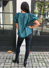 Karlie Evergreen Faux Leather Puff Sleeve Top-Hand In Pocket