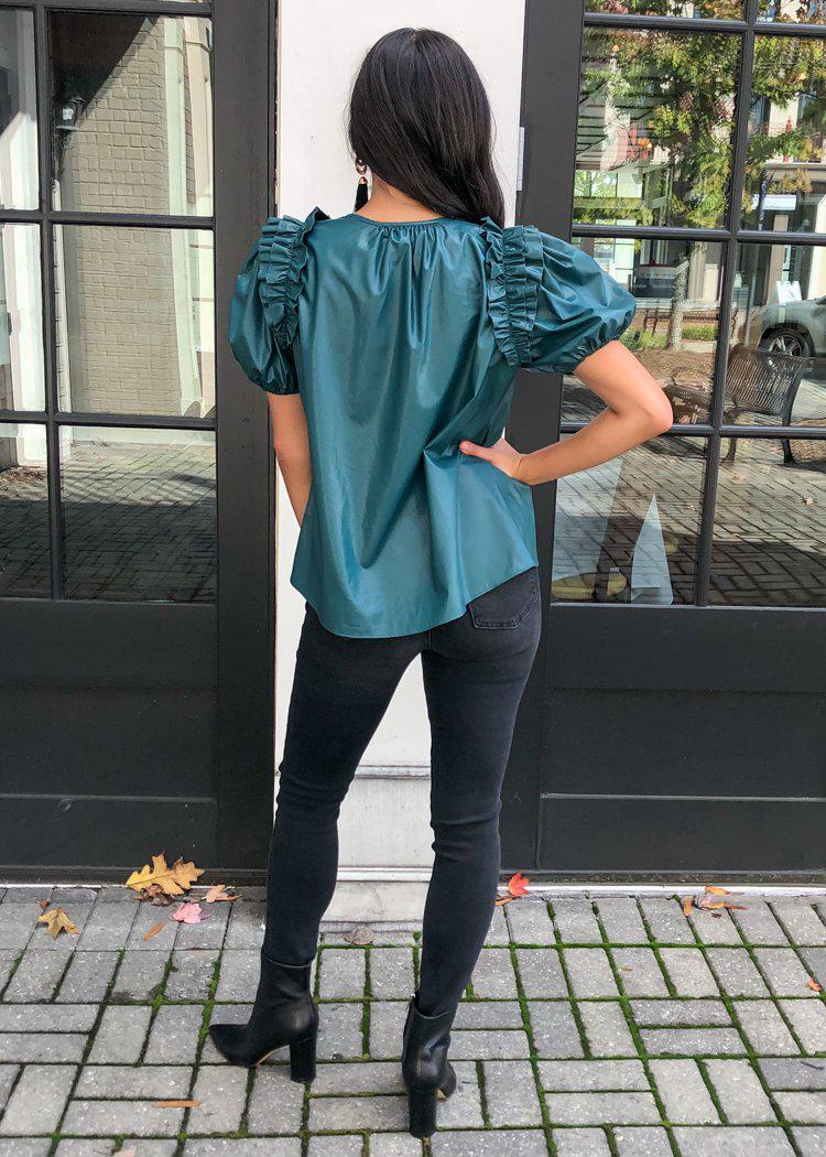 Karlie Evergreen Faux Leather Puff Sleeve Top-Hand In Pocket