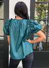 Karlie Evergreen Faux Leather Puff Sleeve Top-Hand In Pocket
