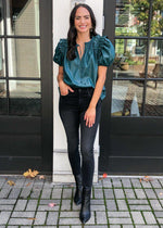 Karlie Evergreen Faux Leather Puff Sleeve Top-Hand In Pocket