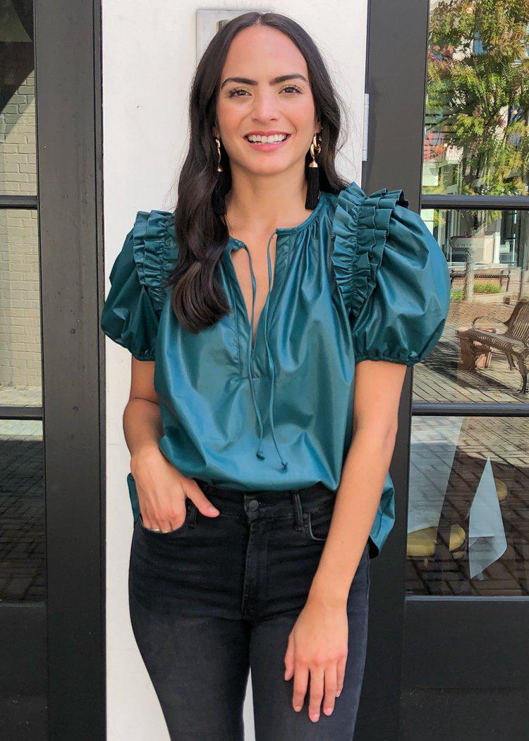 Karlie Evergreen Faux Leather Puff Sleeve Top-Hand In Pocket