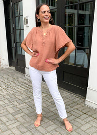 Michael Stars Kamala Gauzy Flutter Sleeve Blouse-Terra-Hand In Pocket