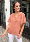 Michael Stars Kamala Gauzy Flutter Sleeve Blouse-Terra-Hand In Pocket