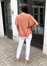 Michael Stars Kamala Gauzy Flutter Sleeve Blouse-Terra-Hand In Pocket