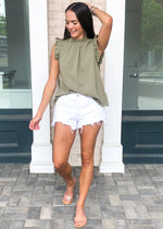 Karlie Bluffview Ruffle Tee - Olive-Hand In Pocket