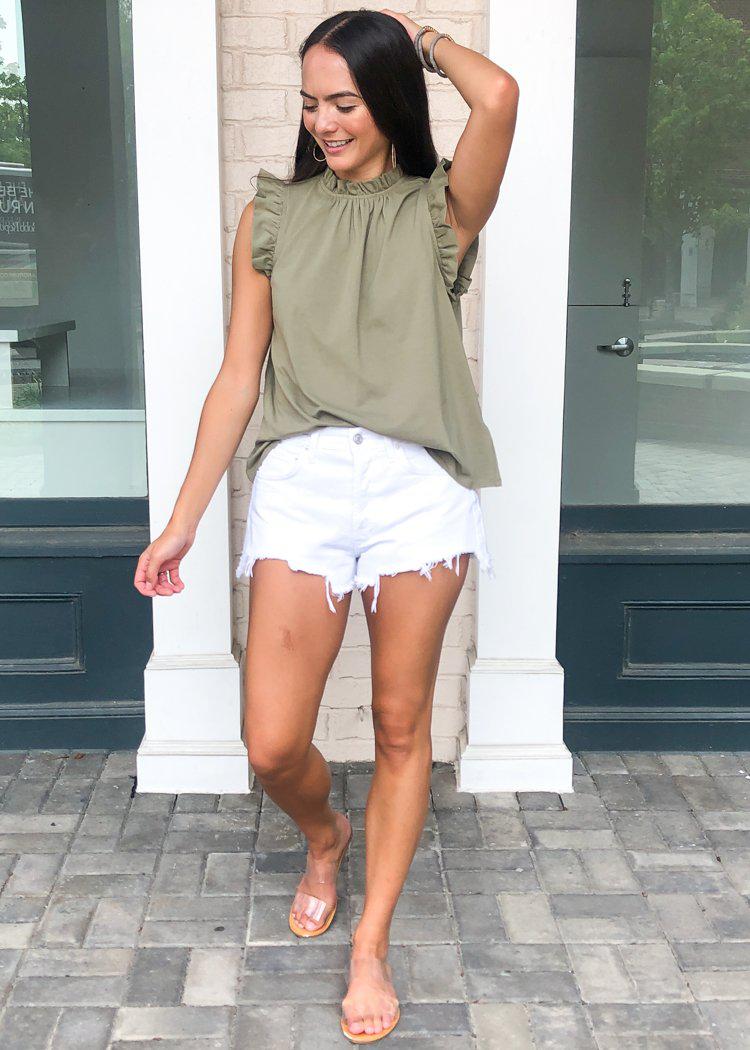 Karlie Bluffview Ruffle Tee - Olive-Hand In Pocket