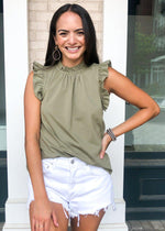 Karlie Bluffview Ruffle Tee - Olive-Hand In Pocket