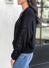 Z Supply Lizzie Lace Up Sleeve Crew Neck Sweatshirt-Black-Hand In Pocket