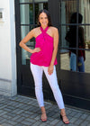 Grayson Satin Tie Neck Halter Top-Magenta-Hand In Pocket