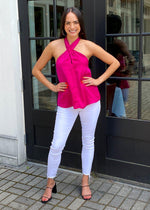 Grayson Satin Tie Neck Halter Top-Magenta-Hand In Pocket