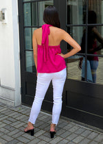 Grayson Satin Tie Neck Halter Top-Magenta-Hand In Pocket