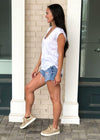 Seychelles Satin Frayed Hem Tee-White-Hand In Pocket