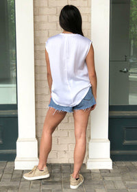 Seychelles Satin Frayed Hem Tee-White-Hand In Pocket