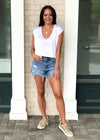 Seychelles Satin Frayed Hem Tee-White-Hand In Pocket