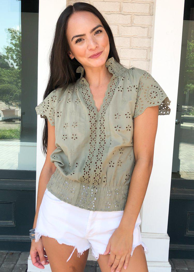 Romantic Feelings Eyelet Blouse - Light Olive-Hand In Pocket